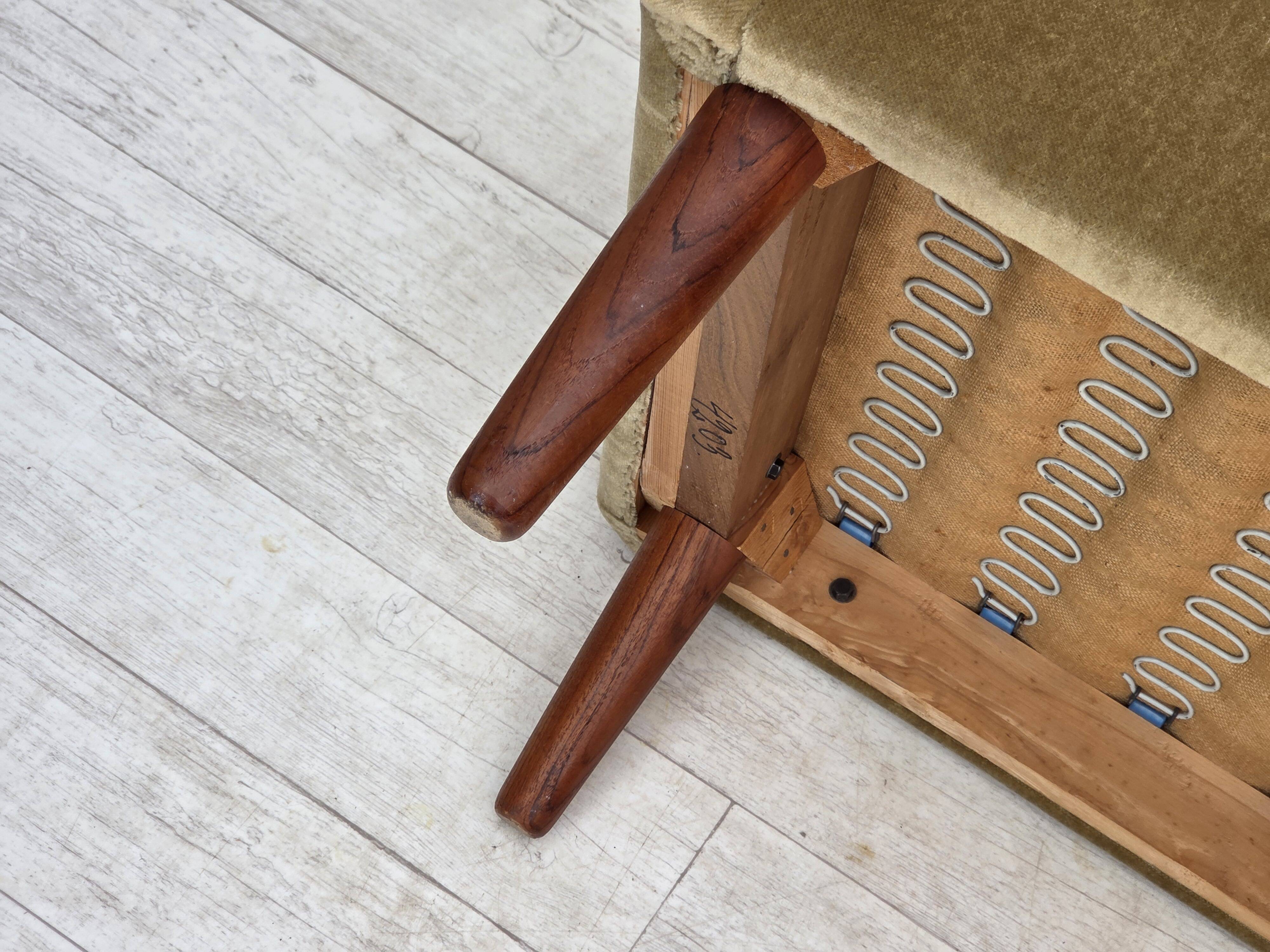 1970s, Danish armchair, original green furniture velour, teak wood legs.