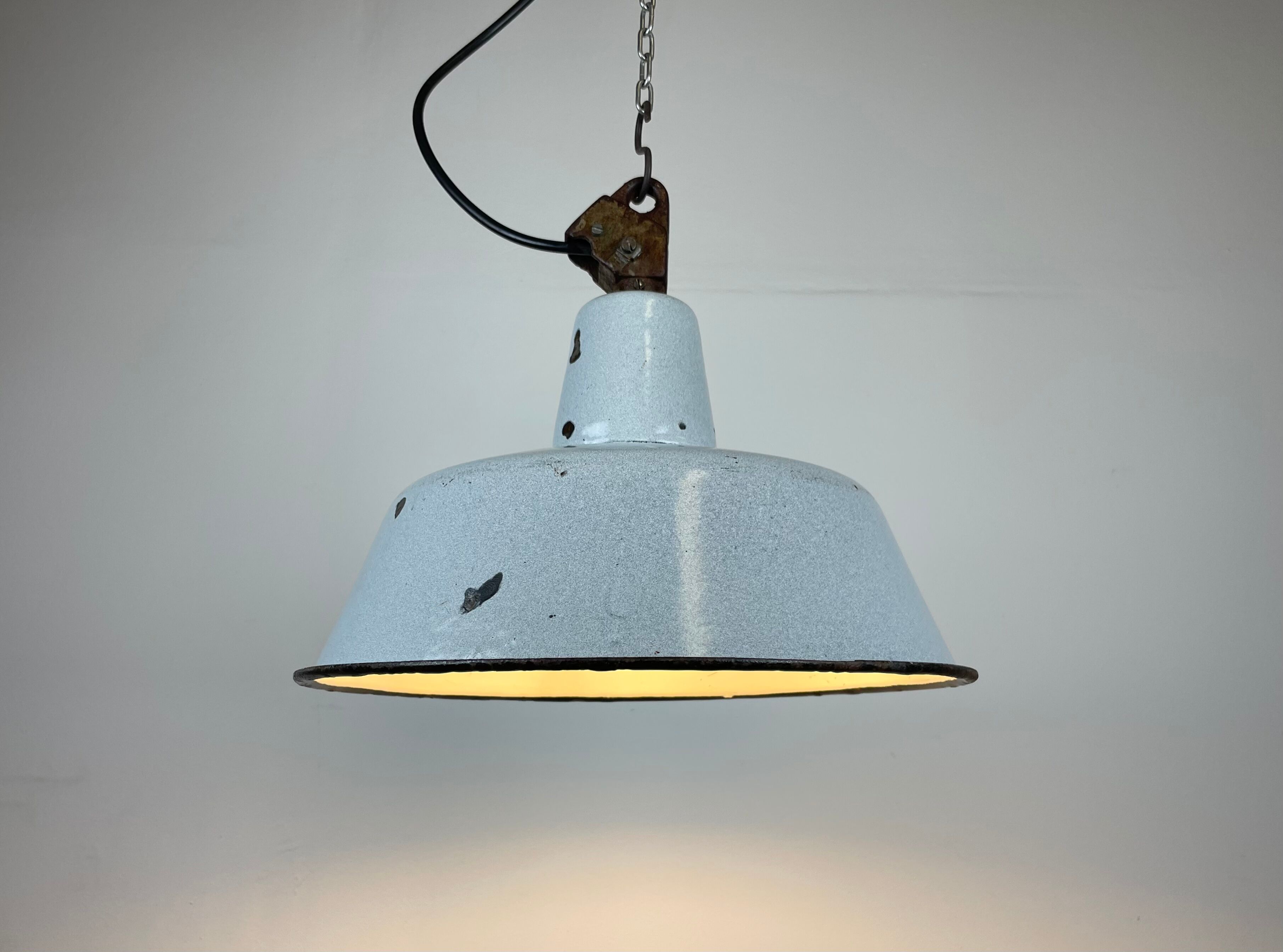 Industrial Grey Enamel Factory Lamp with Cast Iron Top, 1960s