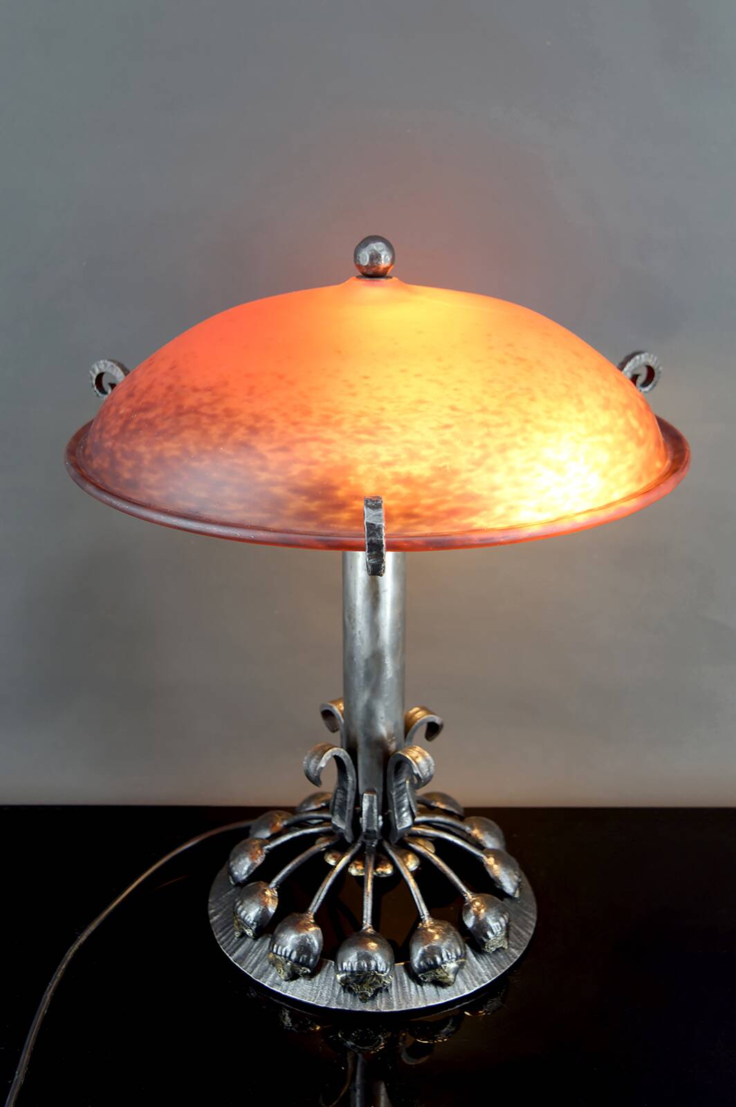 Important Stylized Wrought Iron Lamp with Glass Dome, c. 1930