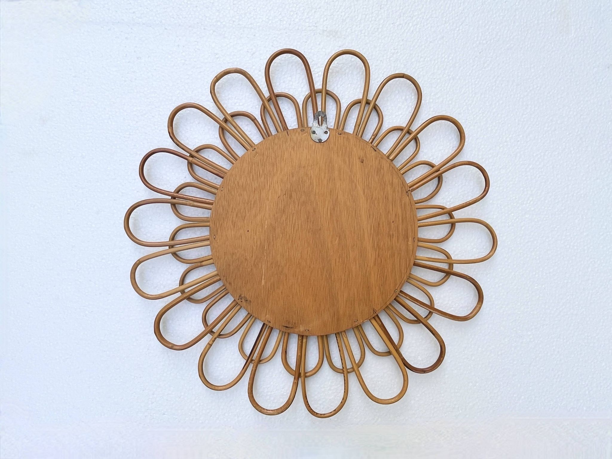 Round flower sun mirror in smoked wicker rattan vintage 1960s 1970s 47 cm folk