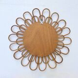 Round mirror flower sun in smoked rattan wicker vintage 1960 1970 47 cm folk