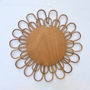 Round flower sun mirror in smoked wicker rattan vintage 1960s 1970s 47 cm folk