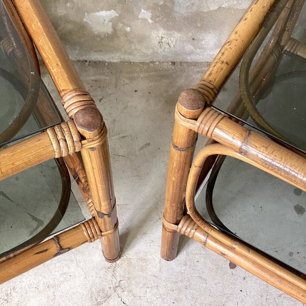 Pair of bedside tables or side tables in vintage 1980s rattan.
