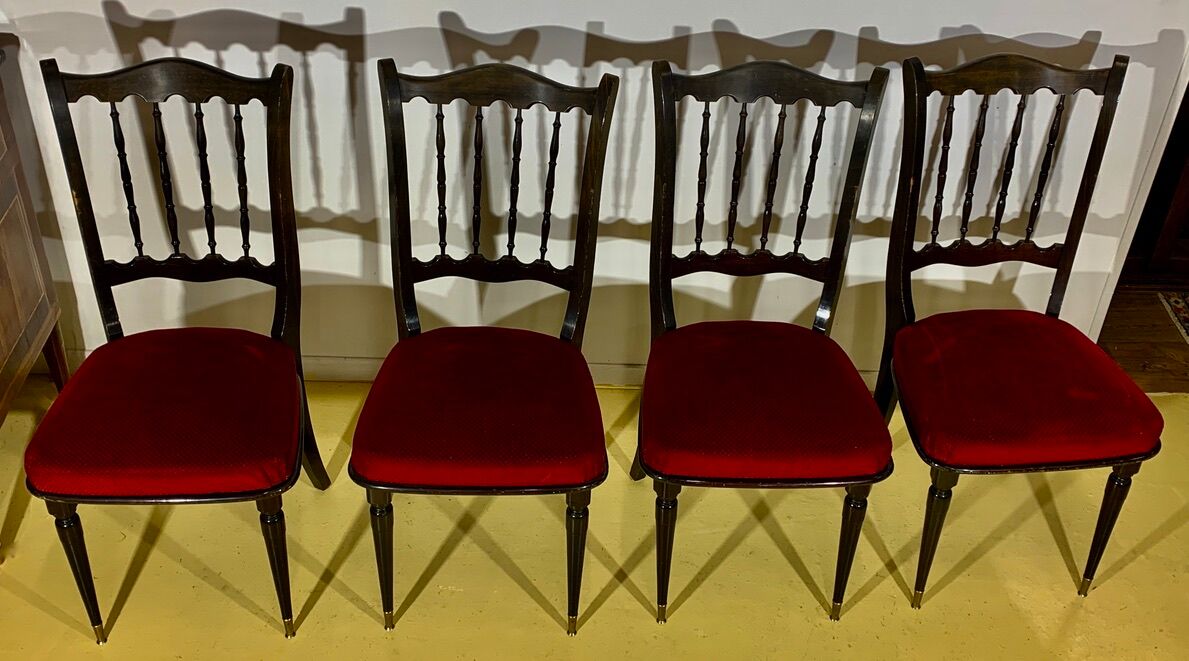 4 CHAIRS Napoleon III, black lacquered, seats Red Velvet