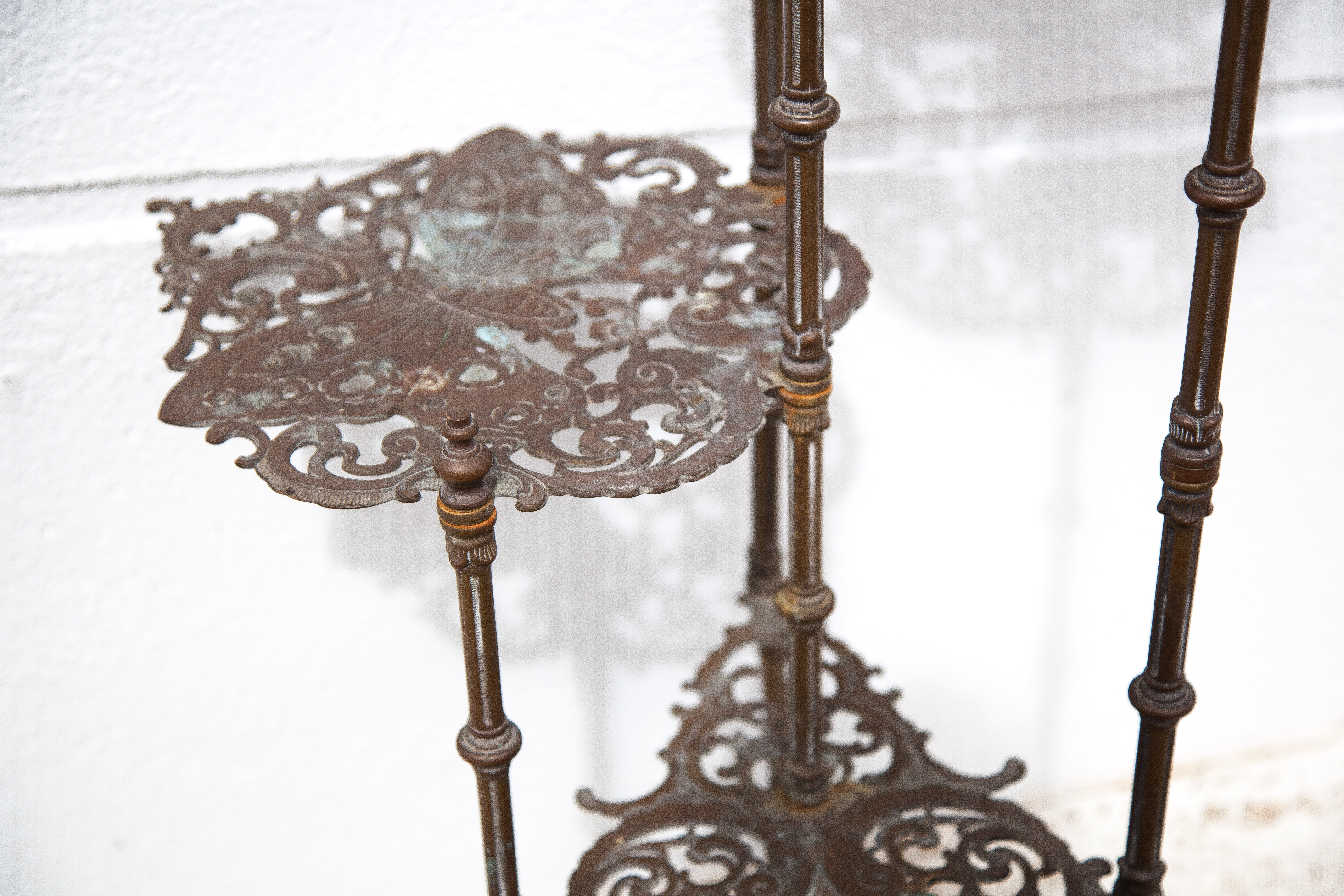 Old bronze harness 3 levels, bronze plant holder, butterfly patterns, planter, patio