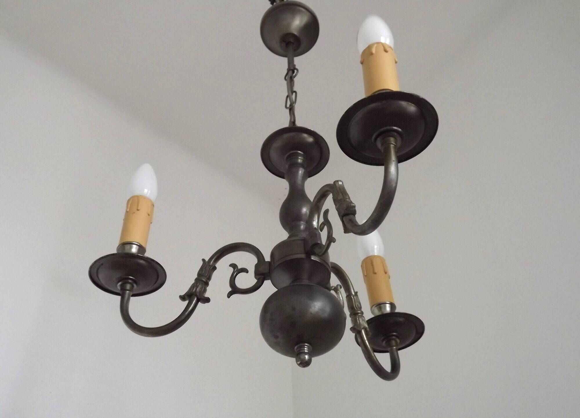 Italian Vintage Silver Brushed Metal 3 Light Flemish Style Chandelier