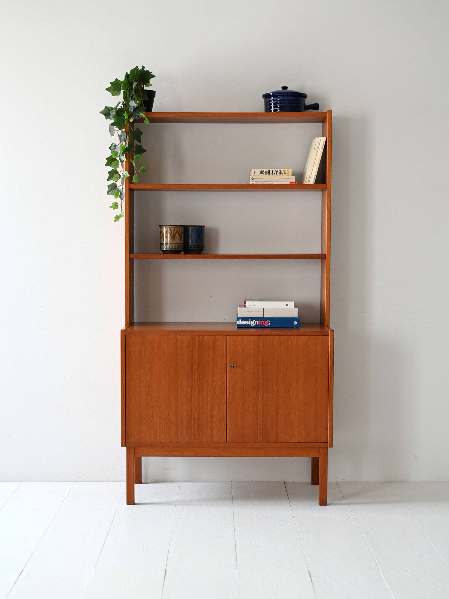 Vintage Scandinavian bookcase with hinged doors and open shelves