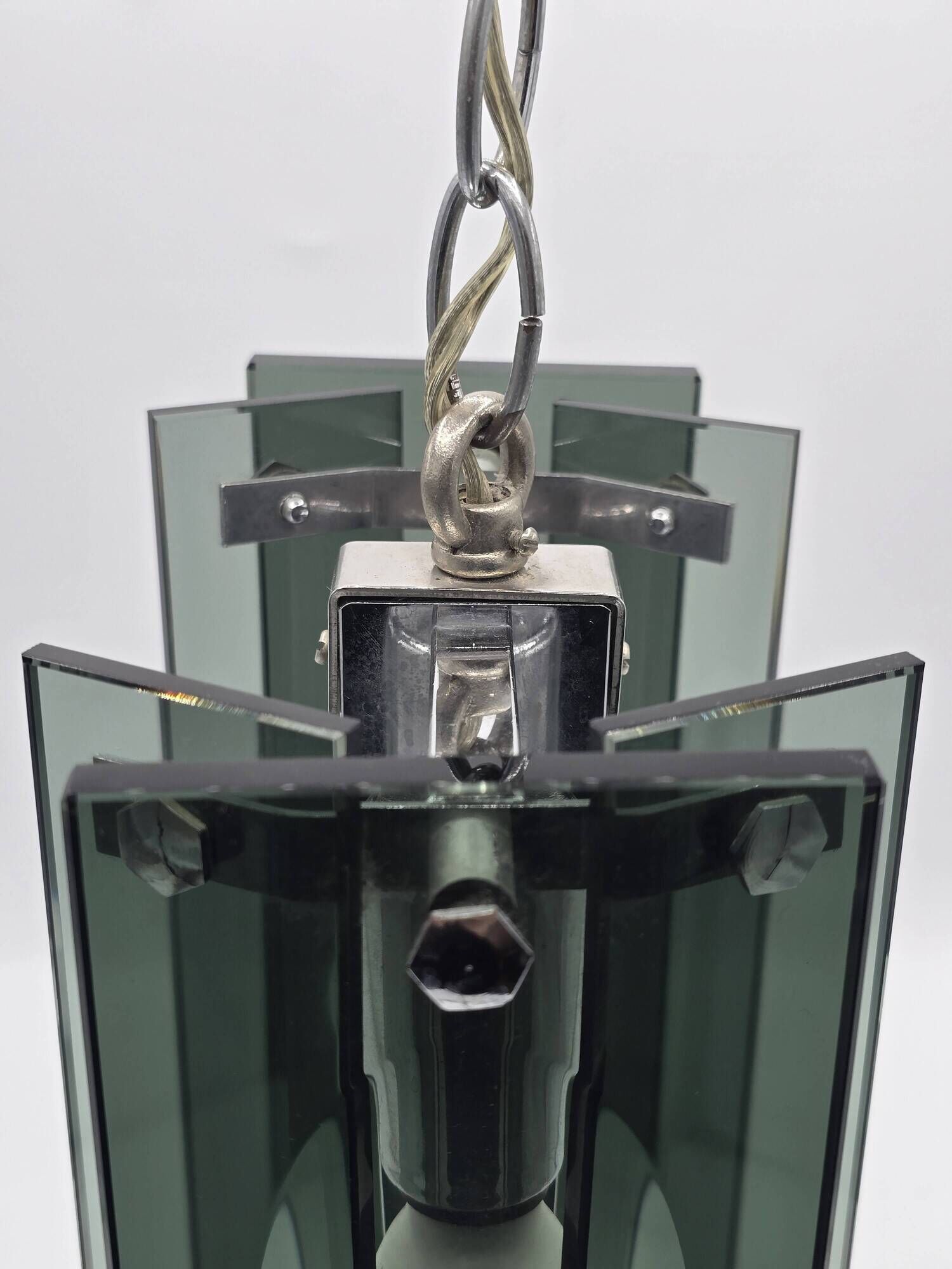Green-grey glass and chrome metal suspension, in the style of Fontana Arte.