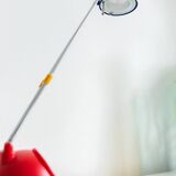 Blue-painted metal shade, chrome articulated arm desk lamp in Memphis-style 80s Pop Art with red base and yellow accents