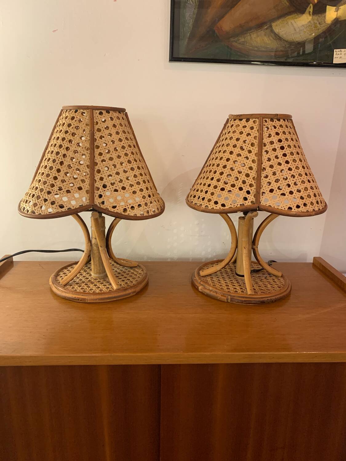 Paire de lampe vintage rotin et cannage
