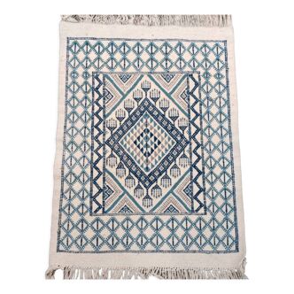 Traditional handmade white blue and gray margoum carpet, 100x72 cm