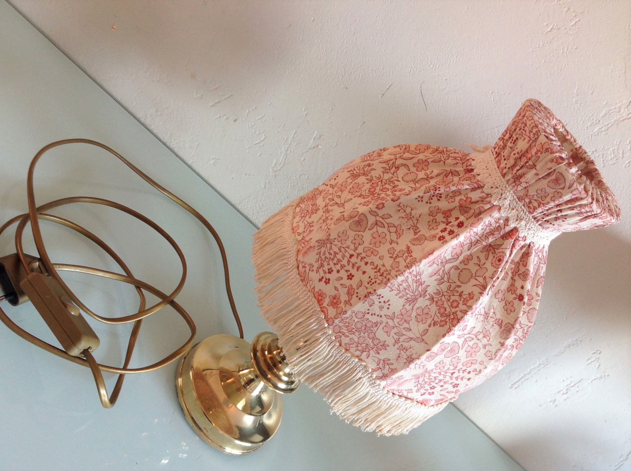 Brass bedside lamp and pink/vintage lampshade 60s-70s