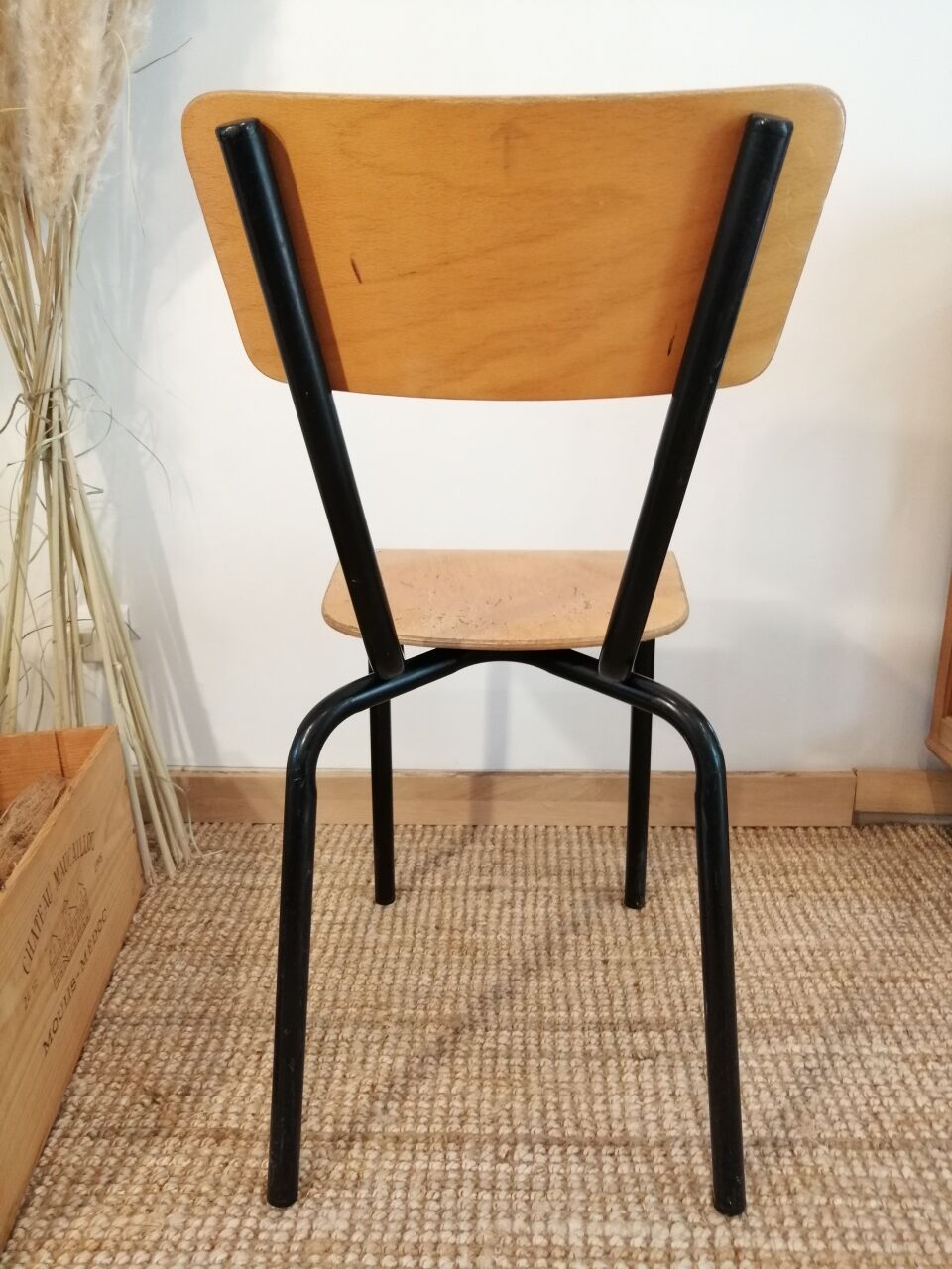 Series of 4 wooden and metal school chairs