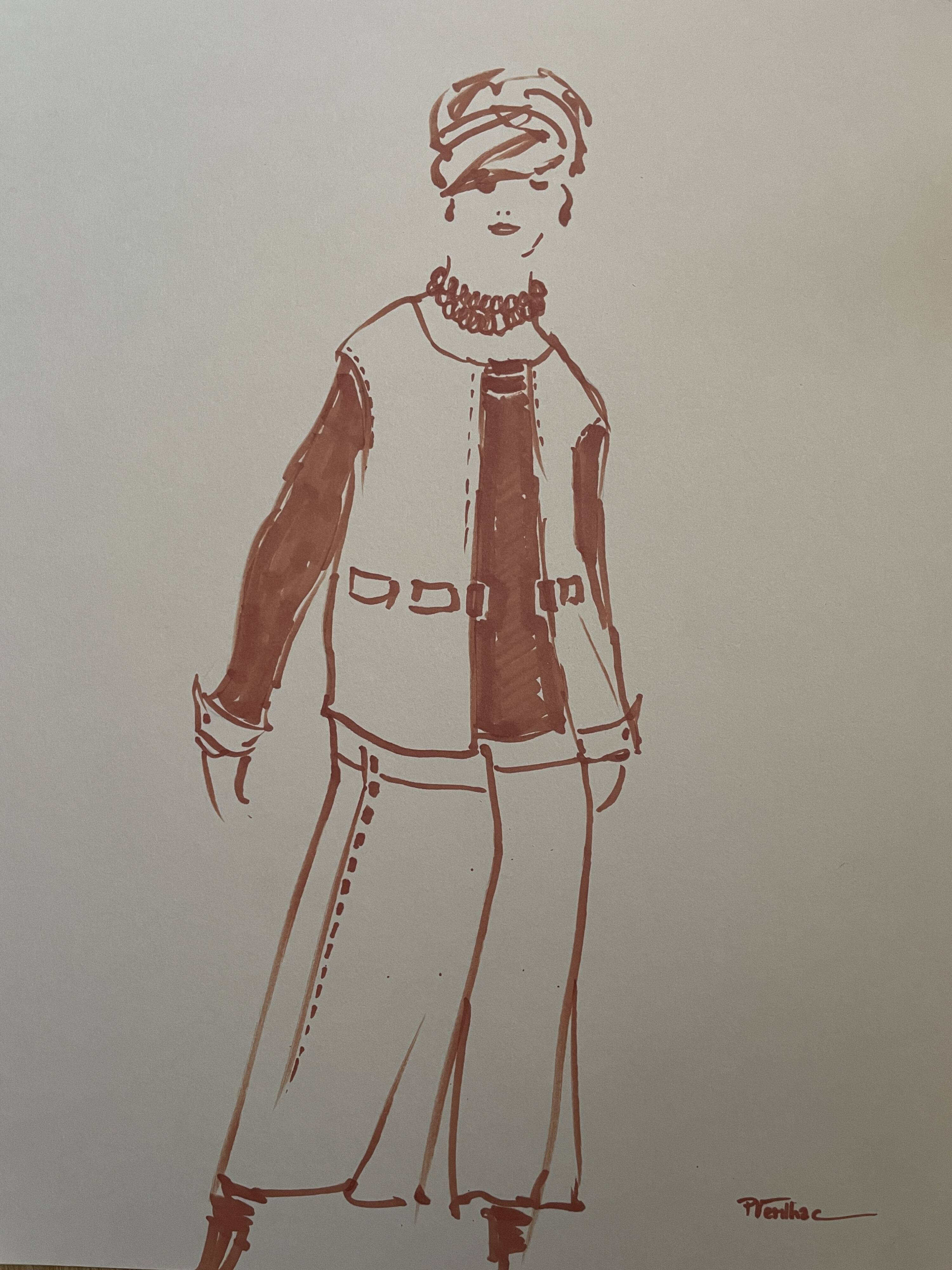 Painting signed in ink fashion engraving "study of a model of a woman's sleeveless vest"