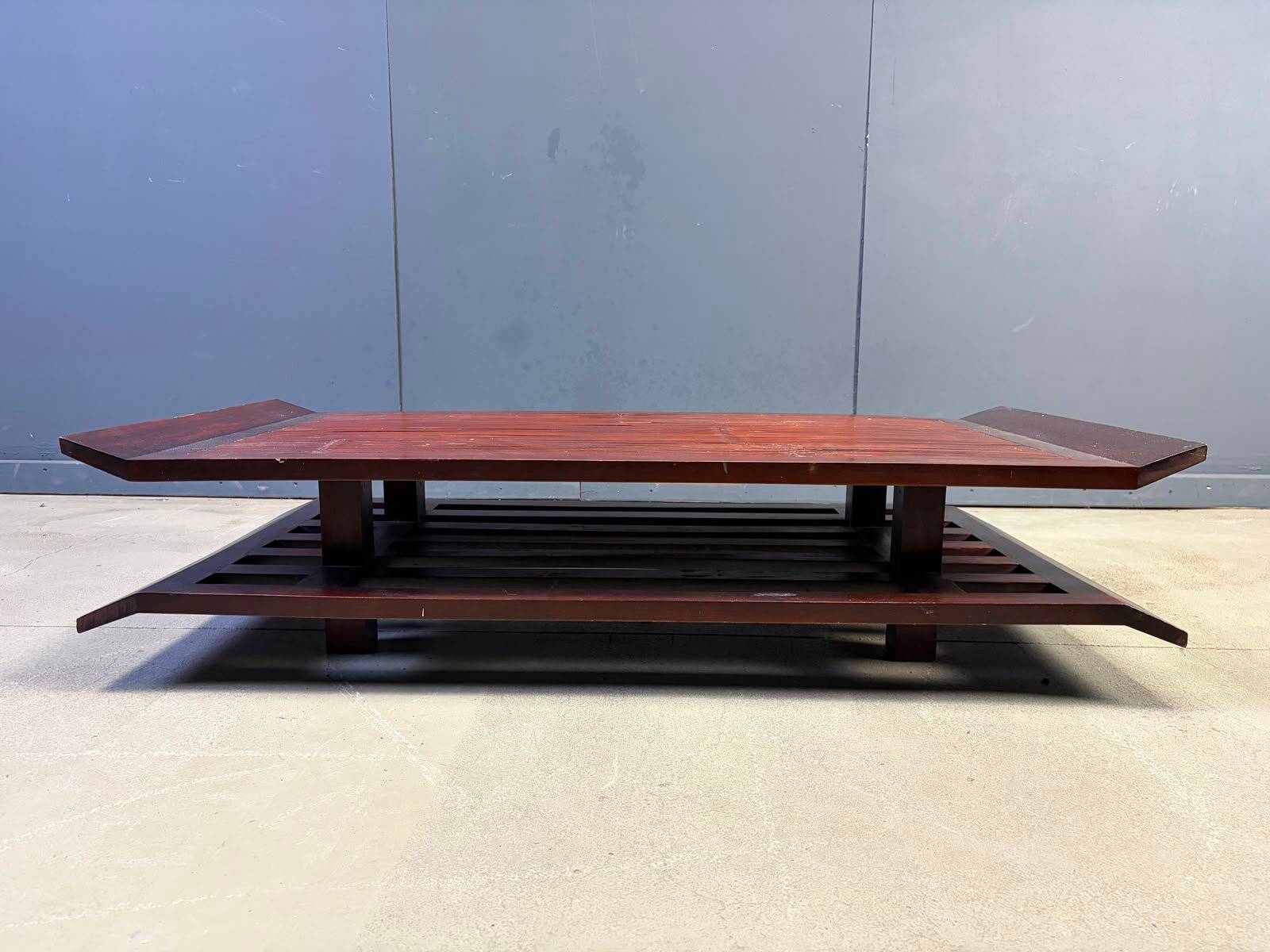 Two-tiered pagoda Wabi Sabi style coffee table in wood and bamboo, 1970s