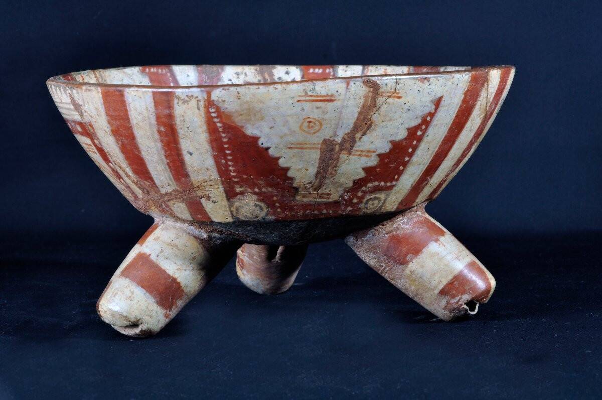 Polychrome ceramic tripod cup from the Mesoamerican tradition