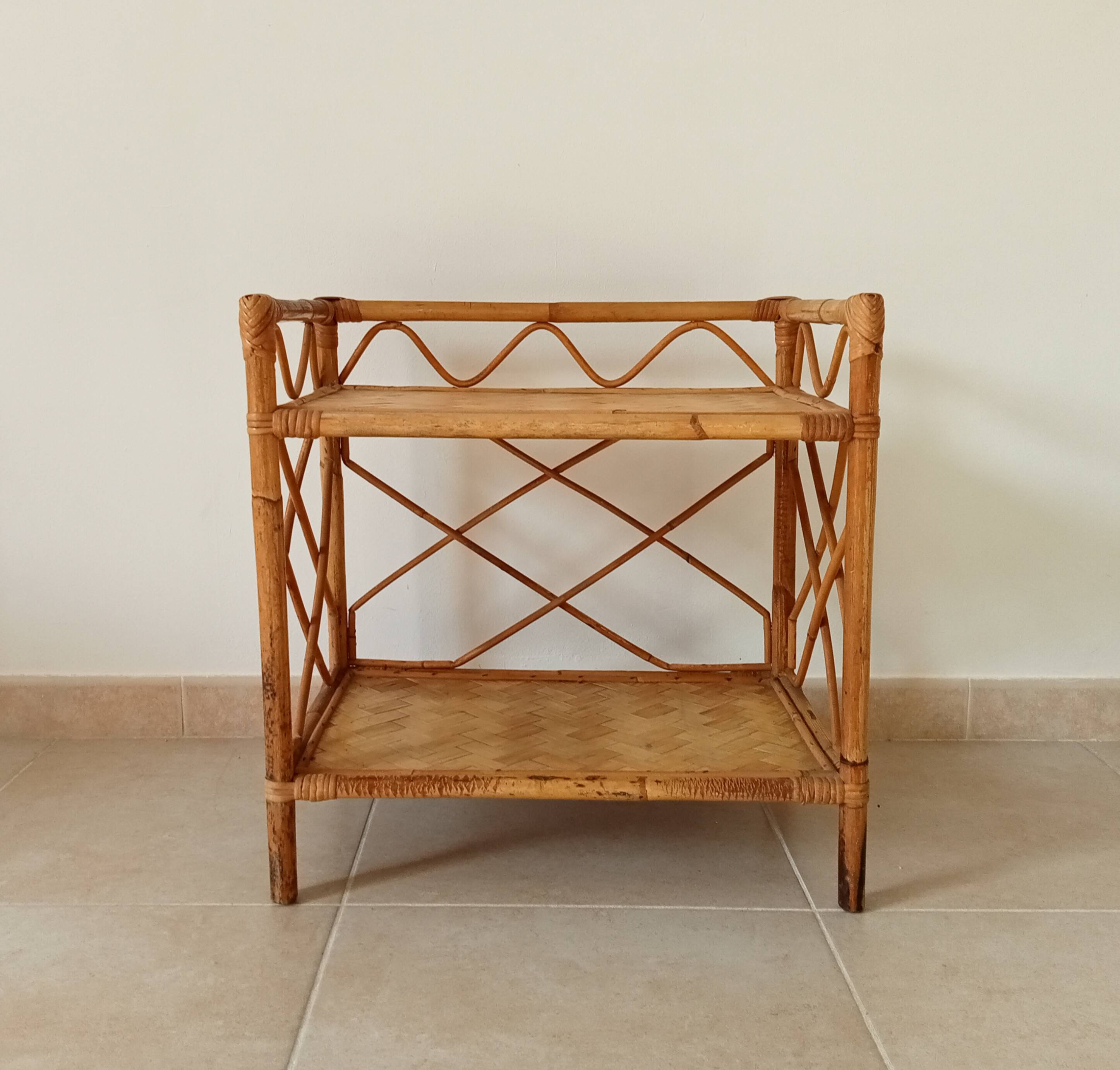 Bamboo and rattan shelf side table by Audoux and Minnet 1950s