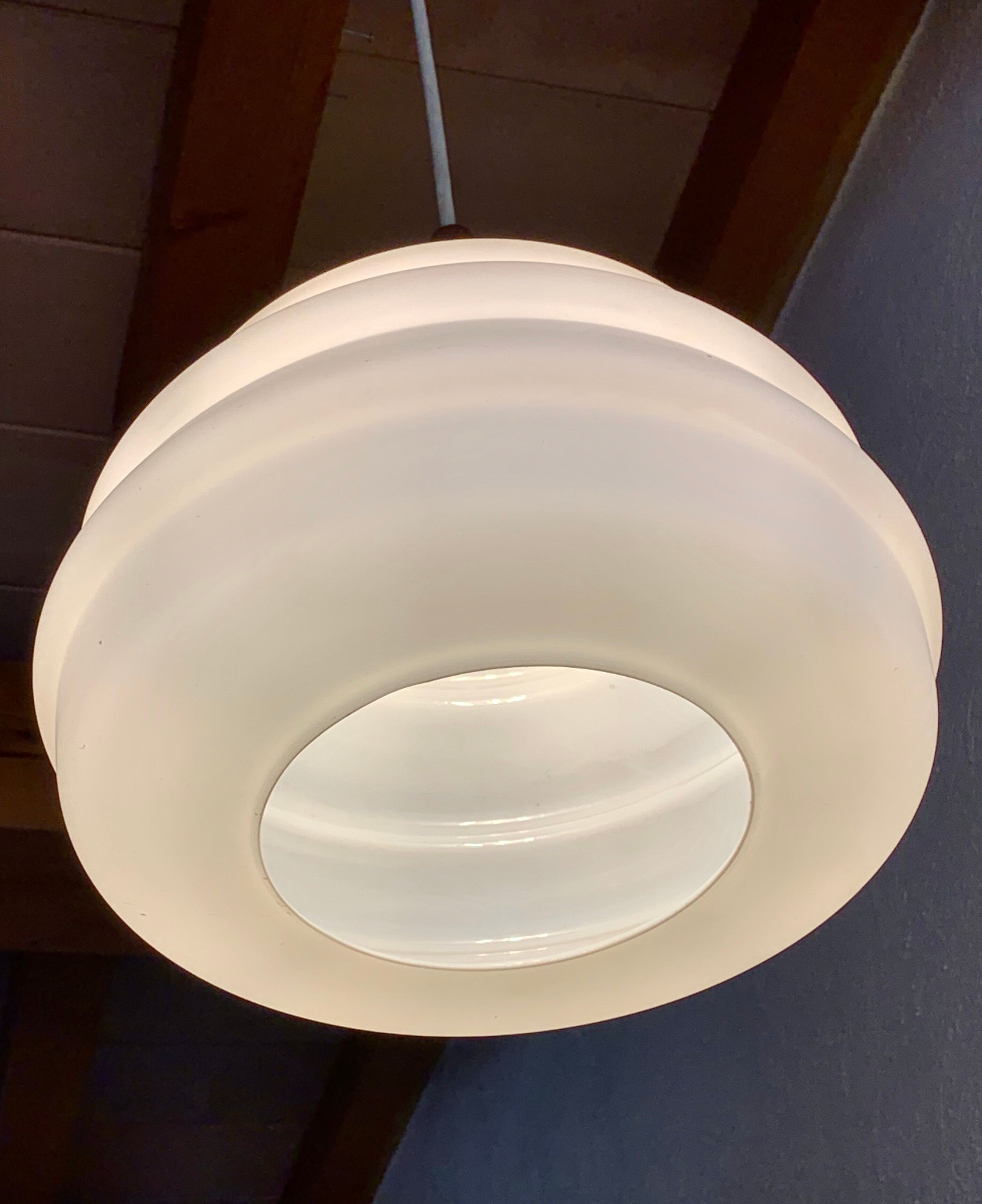 Vintage teak and opaline pendant lamp by Louis Kalff for Philips