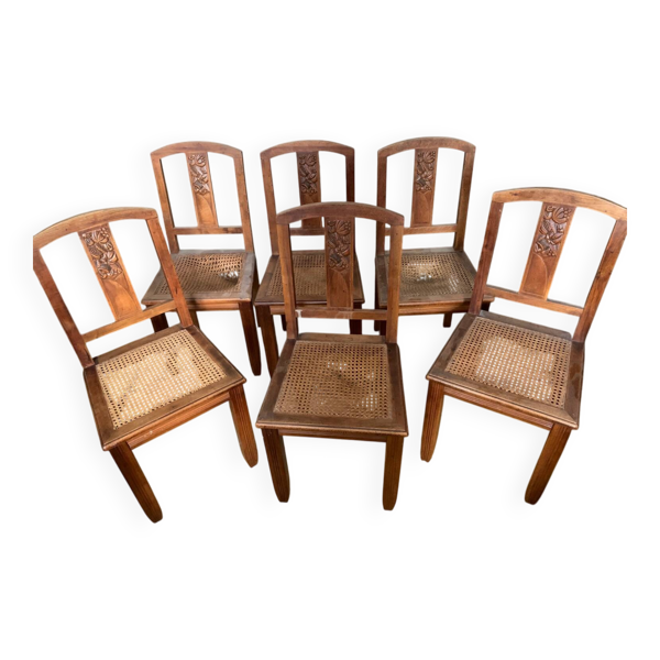Lot de 6 chaises ancienne en bois sculpté et cannage