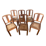 Set of 6 old chairs in carved wood and cane