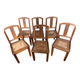Lot de 6 chaises ancienne en bois sculpté et cannage