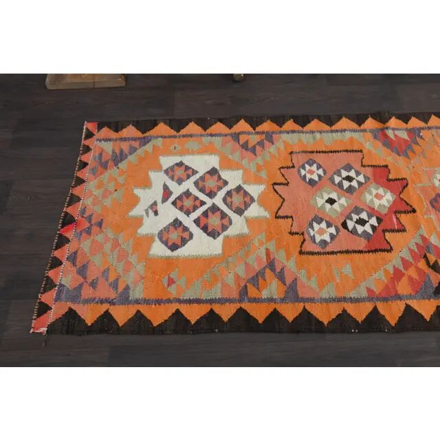 1970s Turkish Oushak Handmade Wool Cotton Orange Runner Rug 95x254
