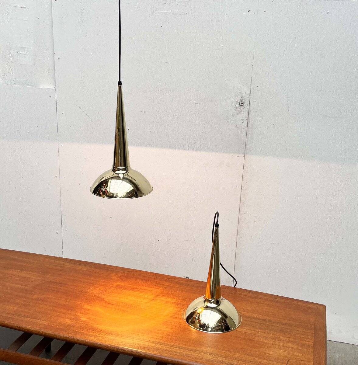 Danish mid-century brass cone pendant lamps, 1950s, set of 2.