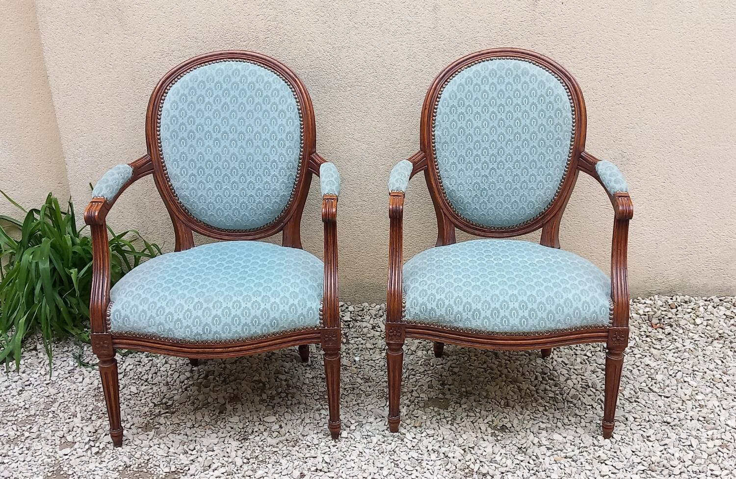 Pair of Louis XVI style medallion armchairs