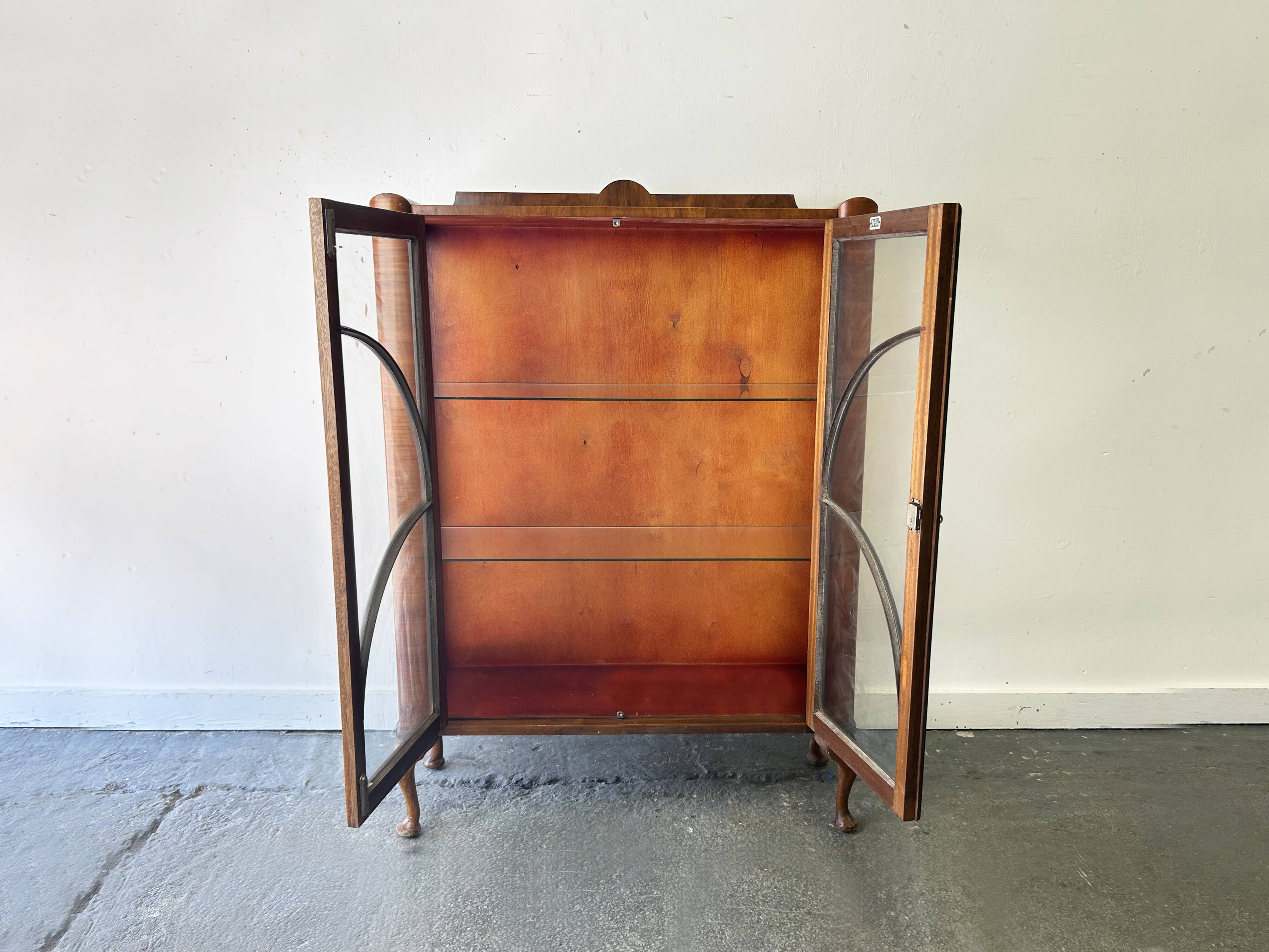 Original Art Deco Figured Walnut Display Cabinet Cabriole Legs 1930s
