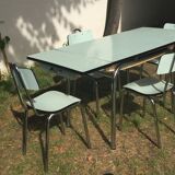 Table and 4 green water formica chairs 60's