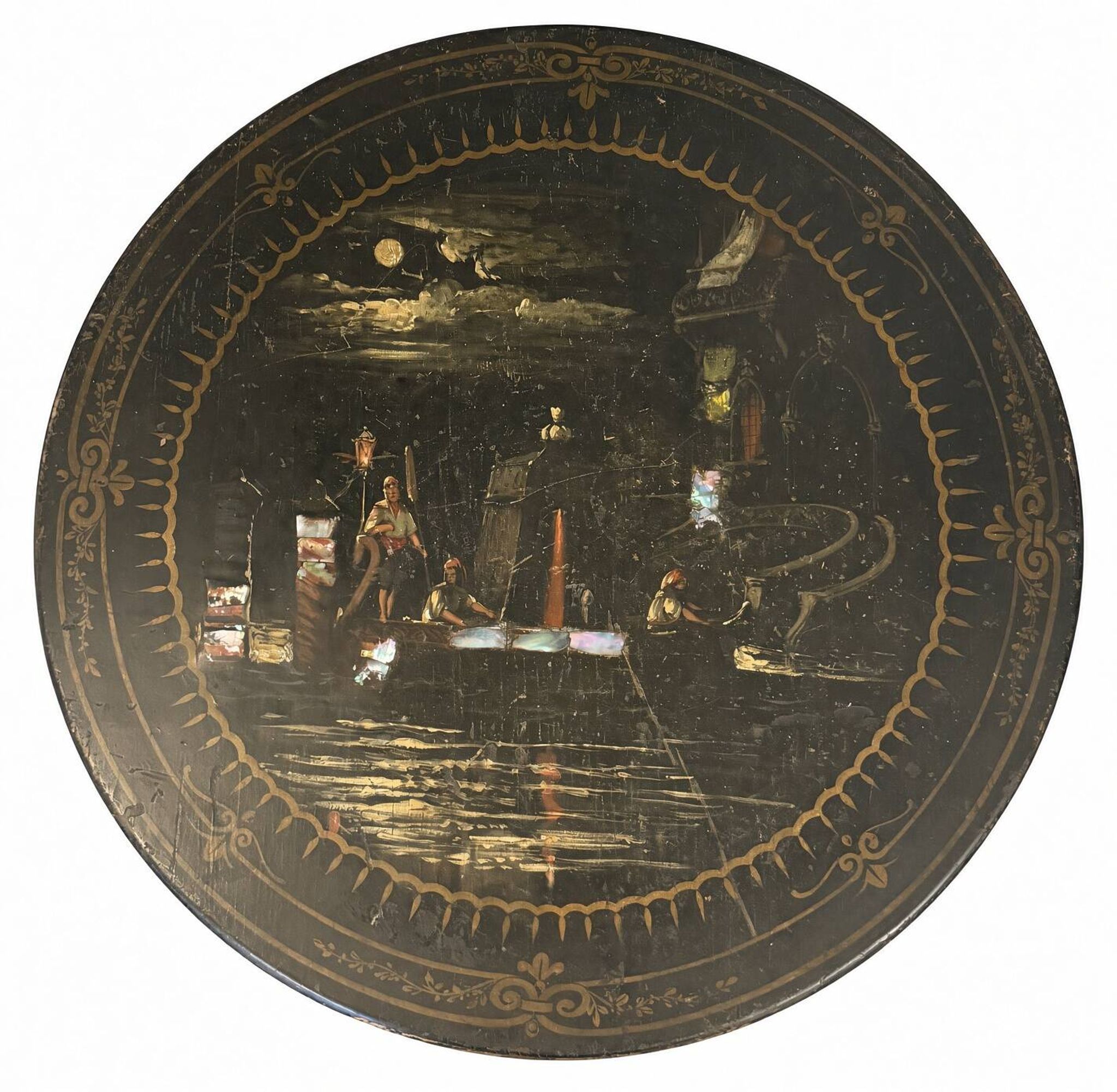 Tilting gueridon Napoleon III; Venetian scene in moonlight; D50cm