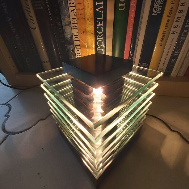 Demeter wood and glass lamp Maison Desny 1980