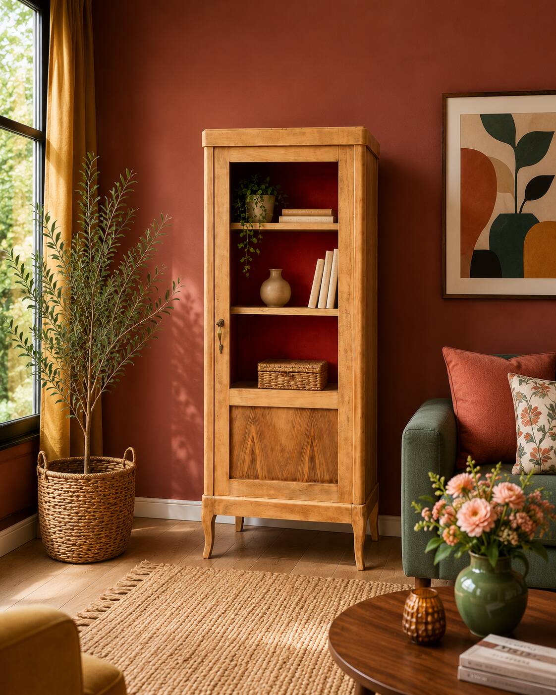 Armoire vitrée vintage bois brut 1950