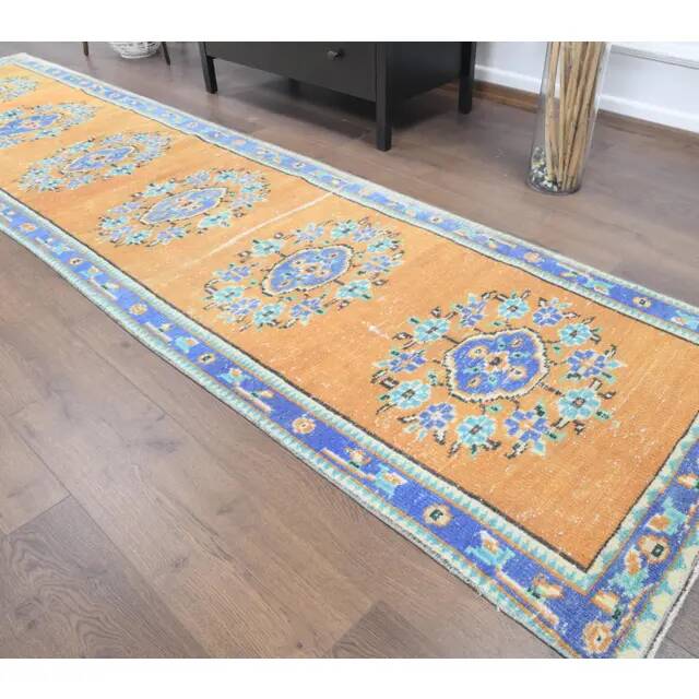 Vintage Turkish Oushak Handmade Wool Cotton Orange Runner Rug 78x313