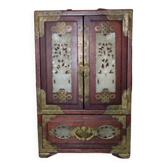 Small Chinese Cabinet In Wood And Hard Stone 20th Century