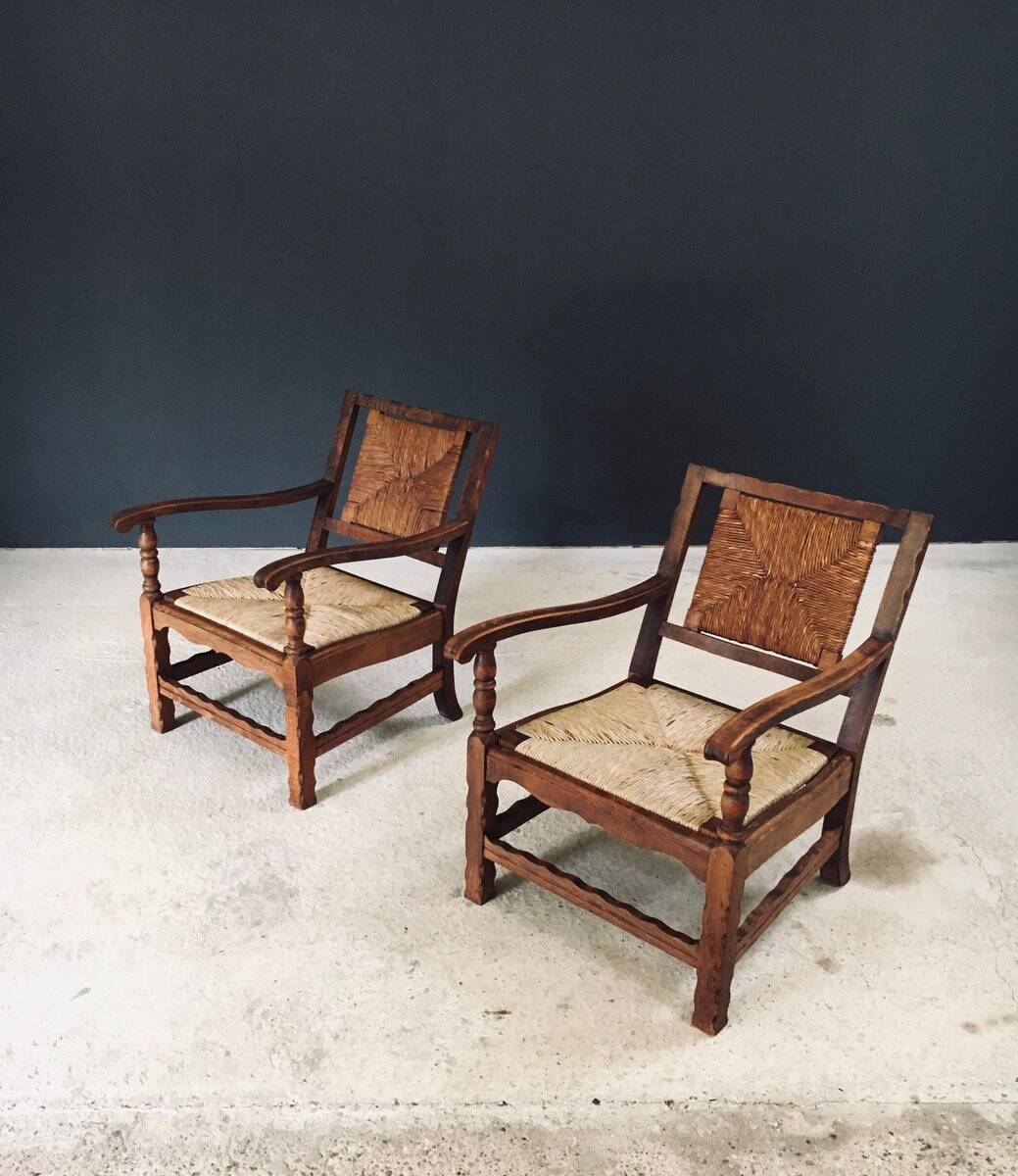 Arts & Crafts Handcrafted Low Lounge Armchairs, Belgium, 1920s, Set of 2