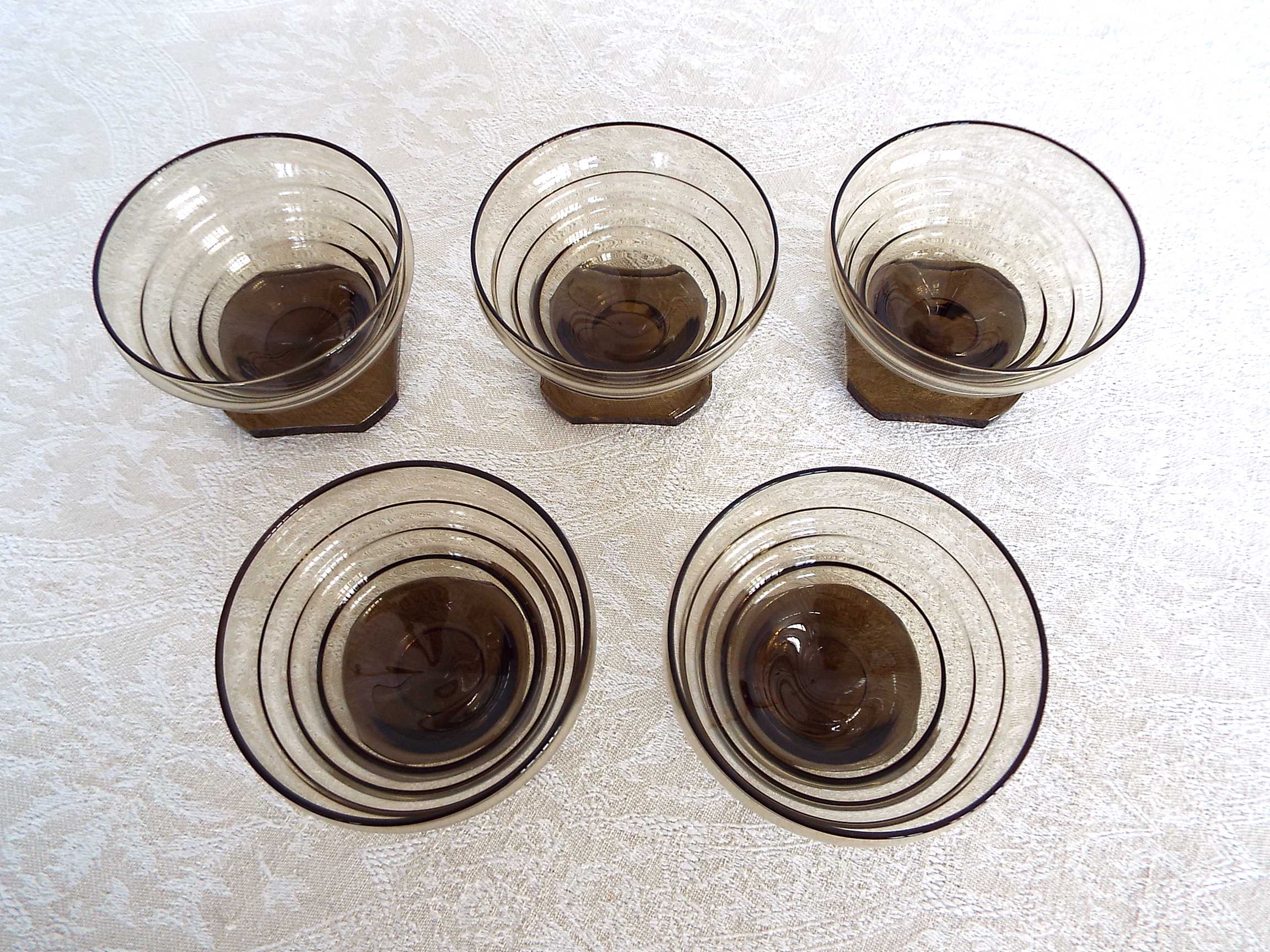 5 art deco smoked glass cups