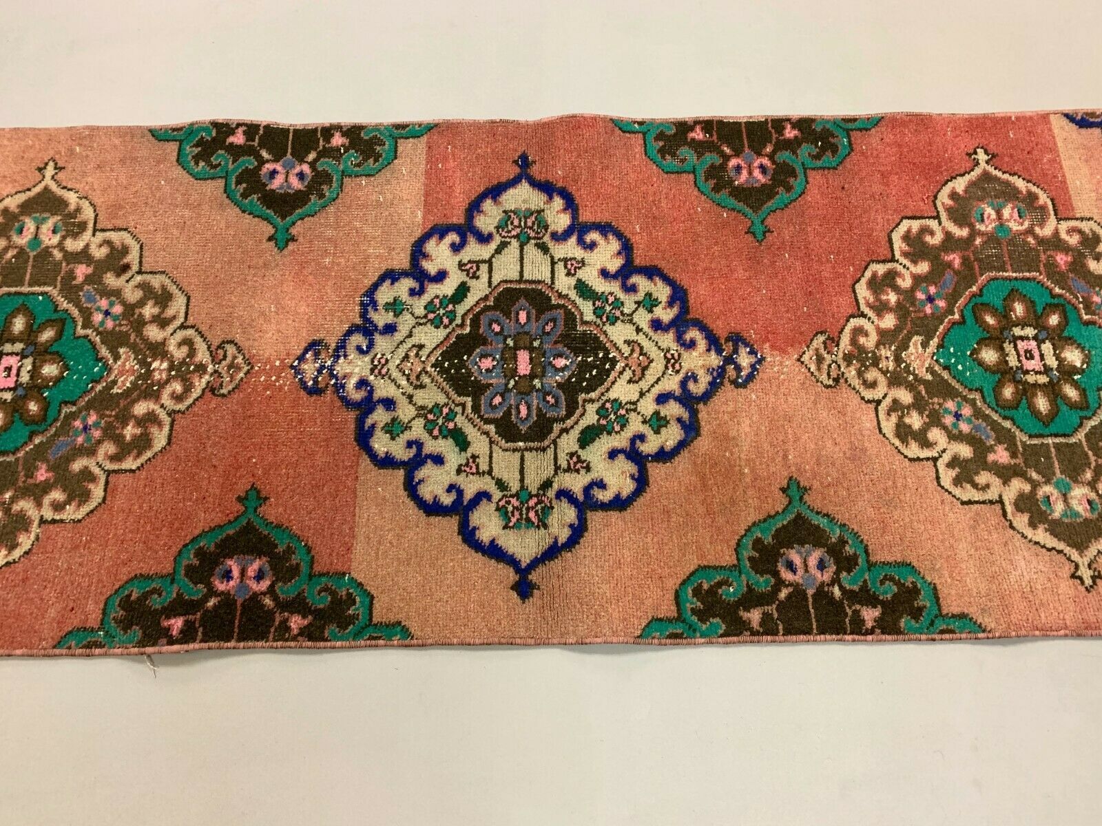 Distressed Turkish Runner 380x72 cm wool Vintage Tribal Rug Pink Green