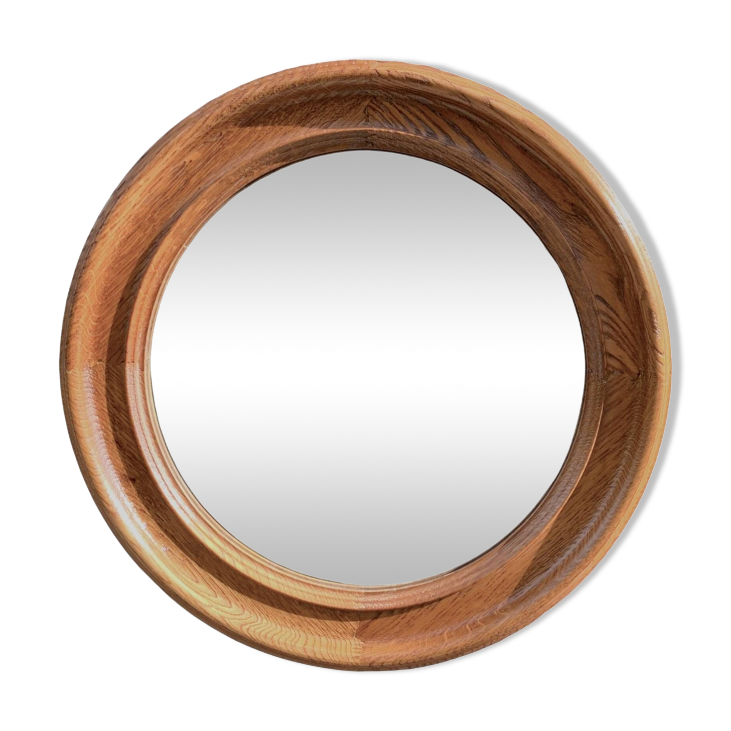 Old round wall mirror in solid wood - 51 cm