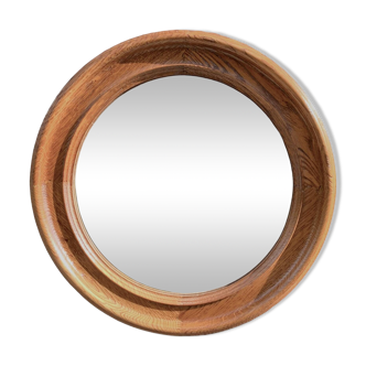 Old round wall mirror in solid wood - 51 cm