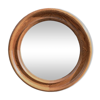 Ancien miroir mural rond en bois massif - 51 cm