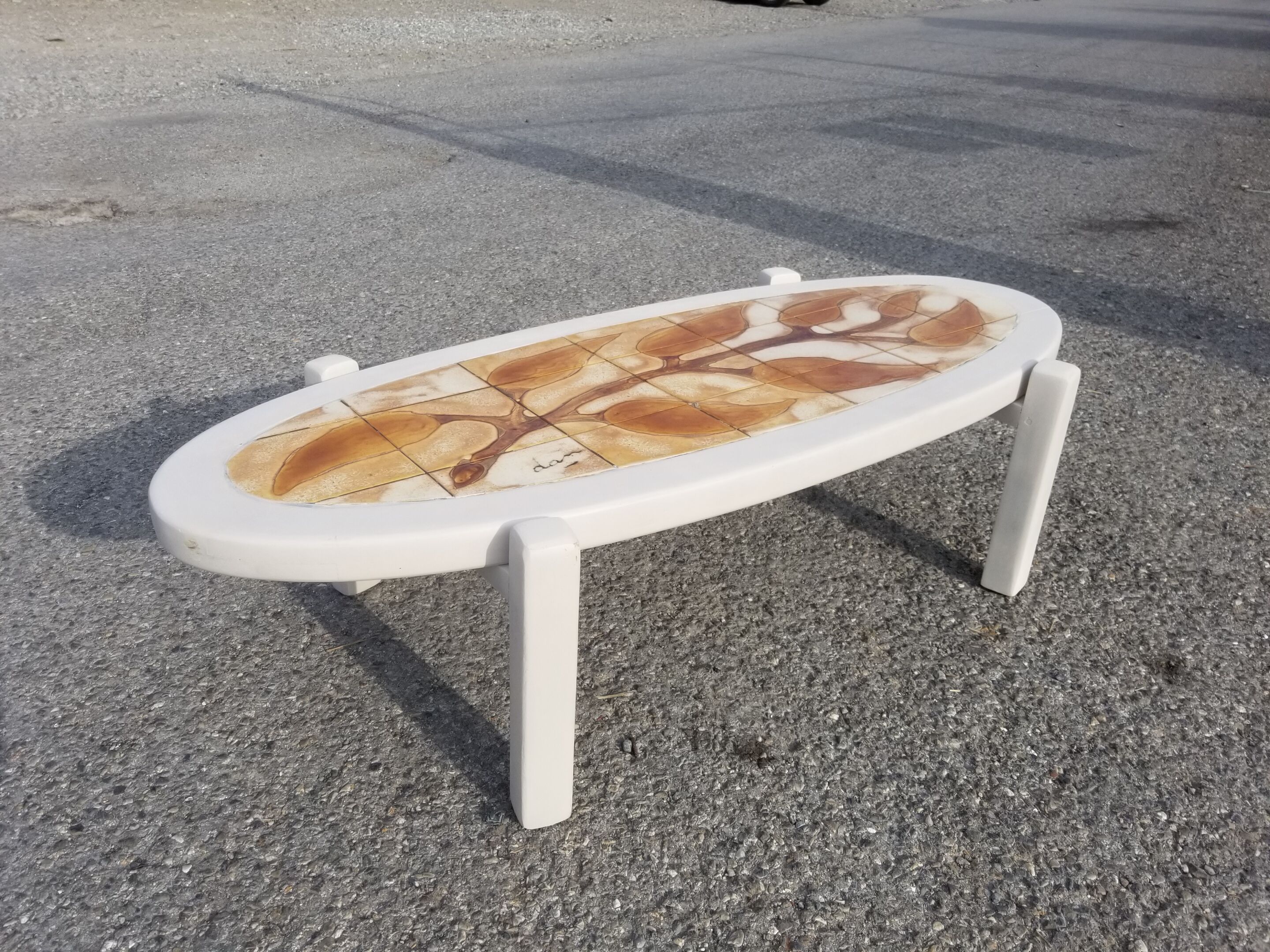 Vintage oval wooden and ceramic coffee table signed Dan - Vallauris