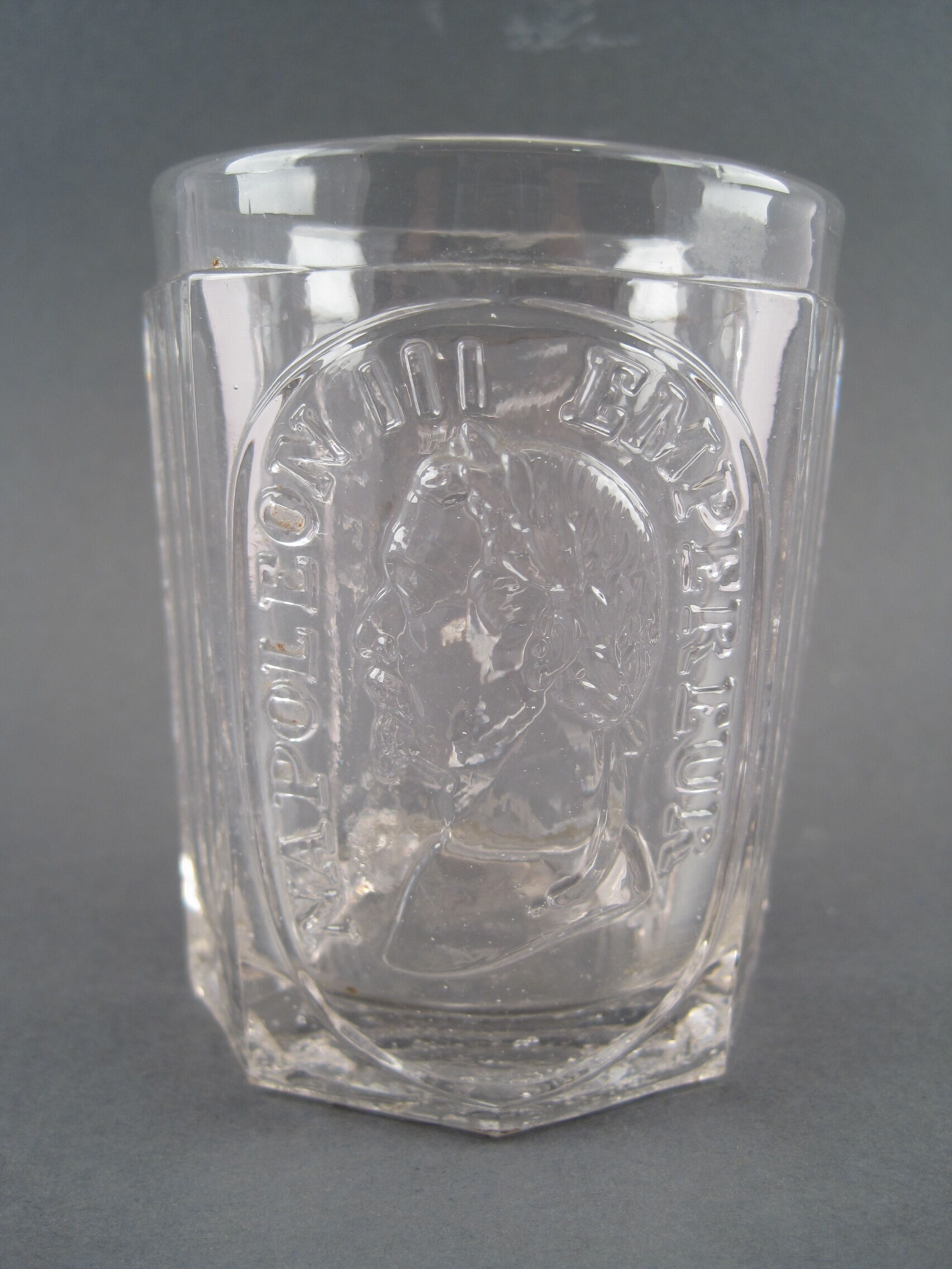 Faceted cup glass circa 1850, Napoleon III emperor, the empire is peace