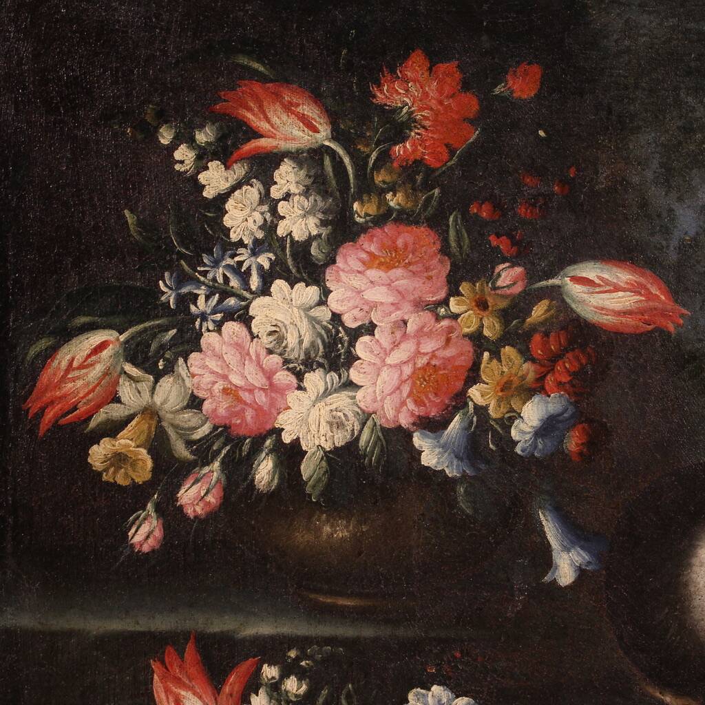 Antique Painting Still Life With Flowers And Fruit From The 18th Century