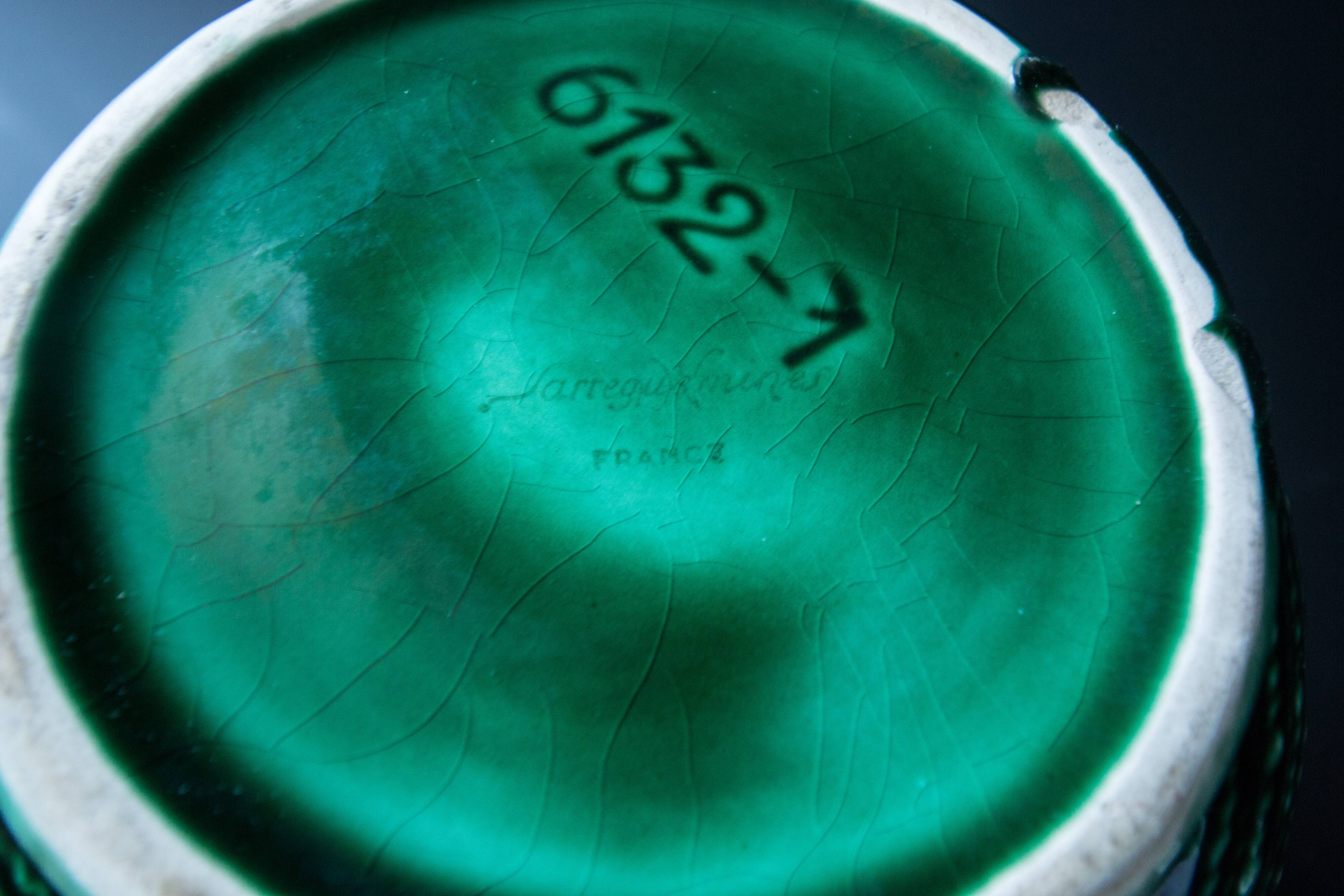 Green pitcher Sarreguemines Digoin vintage 60s slip