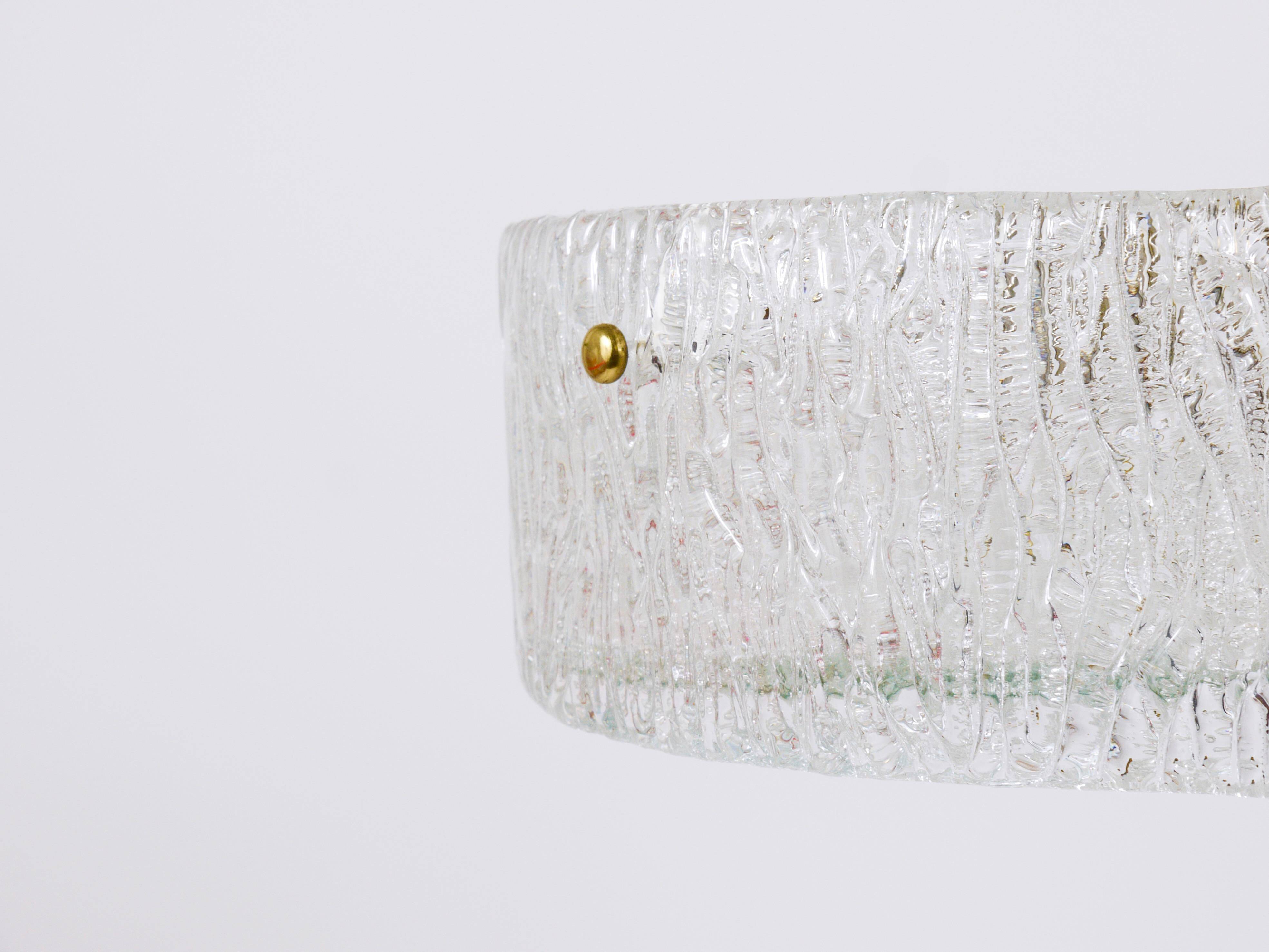 J.T. Kalmar Lustre pendant light in brass and textured glass, 1950s