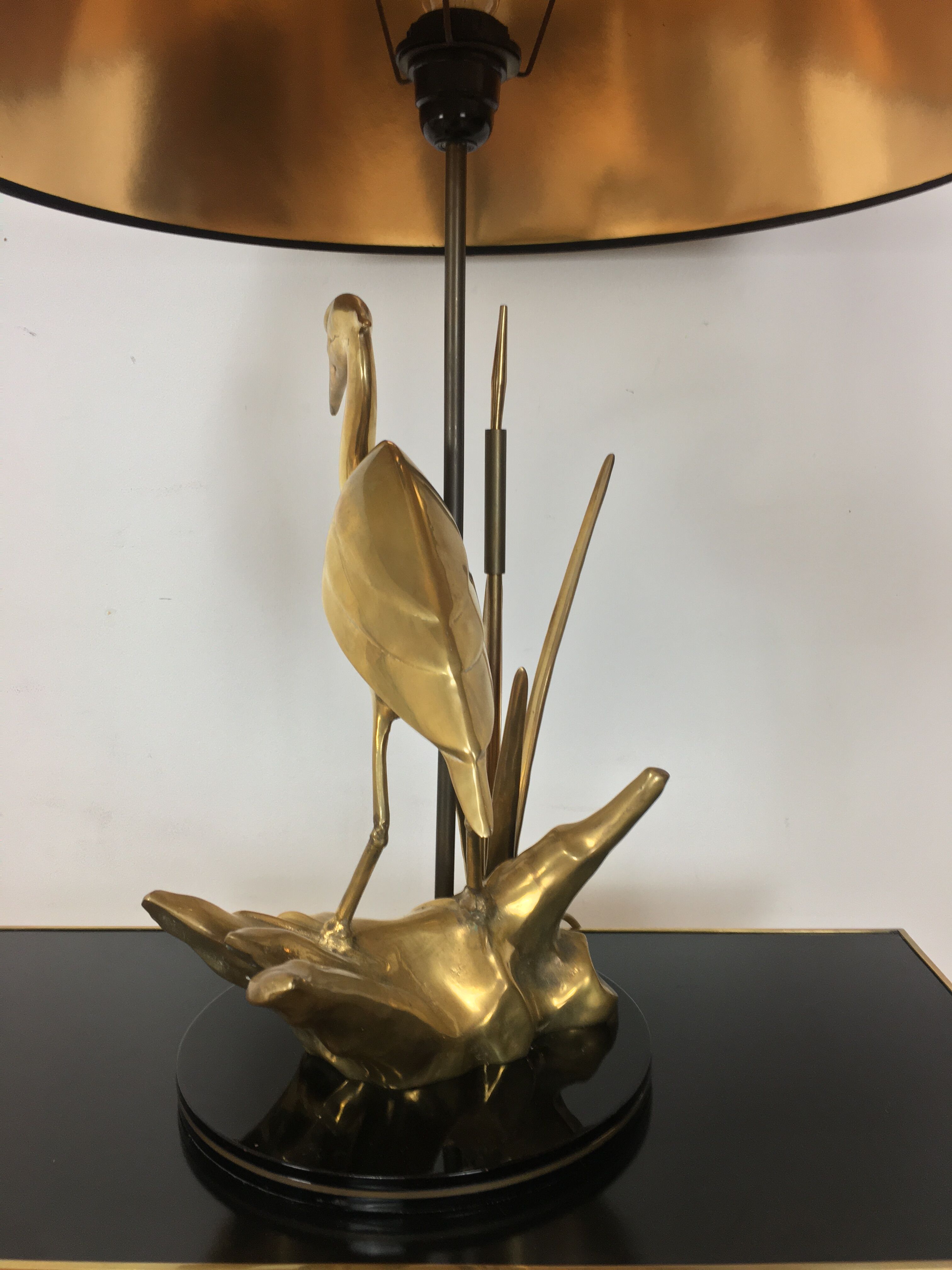 Heron lamp, golden brass animal style