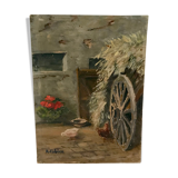 Huile scène de genre intérieur ferme/animaux
