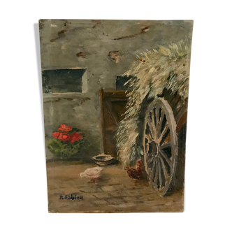 Huile scène de genre intérieur ferme/animaux