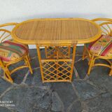 Vintage rattan tête-à-tête table with 2 armchairs